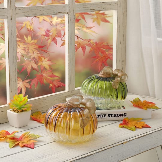 Glitzhome® Green & Amber Crackle Glass Short Pumpkin Set